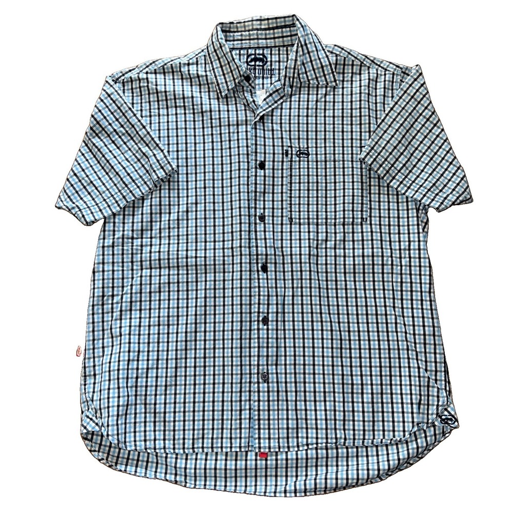 Ecko Unltd y2k Vintage Plaid Button Up Short Sleeve Shirt Mens Large Blue